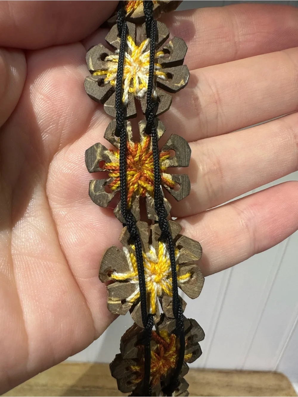 Handmade Floral Leather Bracelet in Brown with Yellow & Cream Embroidery
